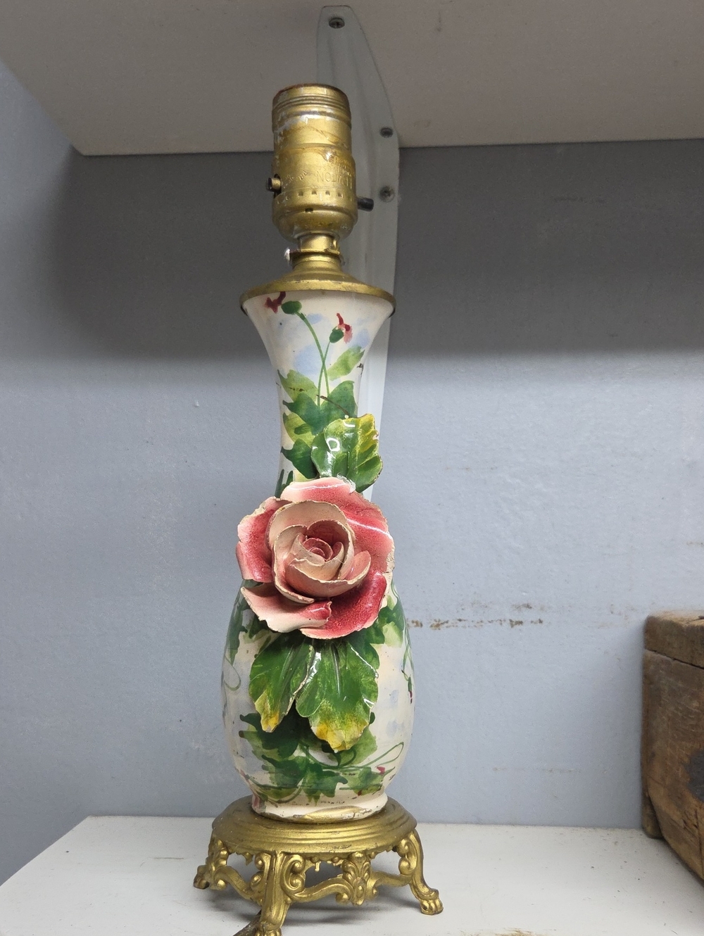 Vintage Capodimonte Style Porcelain Table Lamp, Hand-Painted Rose & Leaves